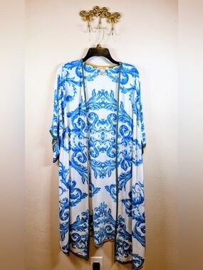 Free Market for Flying Tomatoes Elegant Blue Baroque Print Swim Coverup.  Size S